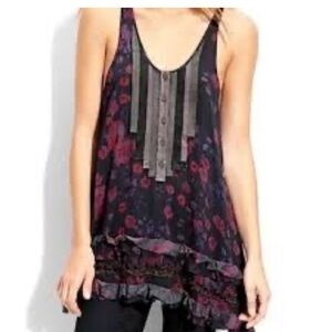 Free People tank top floral snap out of it tuxedo racer back raw accent / lace S